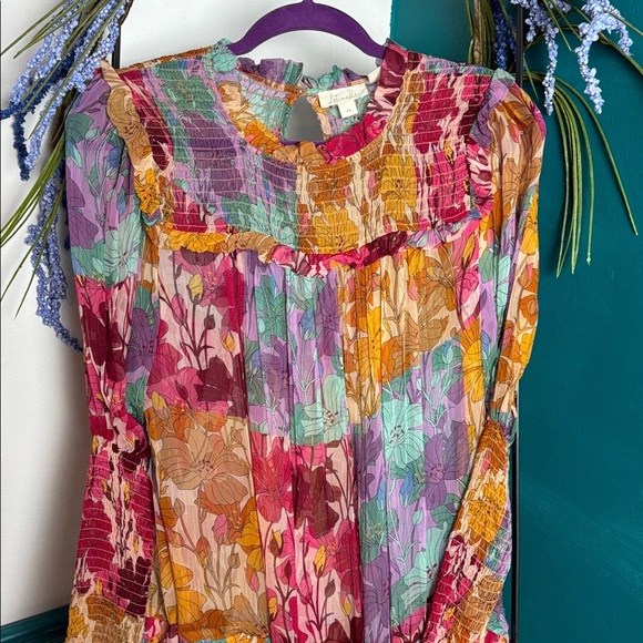 Anthropologie Multicolor Floral Pleated Midi Dress - Pink, Yellow, Purple, Green - Picture 12 of 12